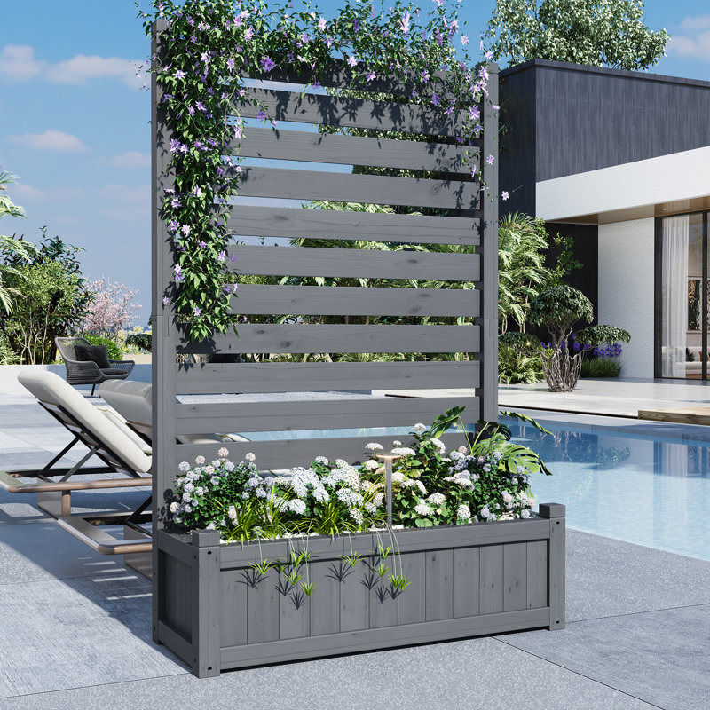 Écran de clôture d'intimité en bois massif avec bac à fleurs, installation sans creusage, conception de drainage pour le jardin, le patio et la cour