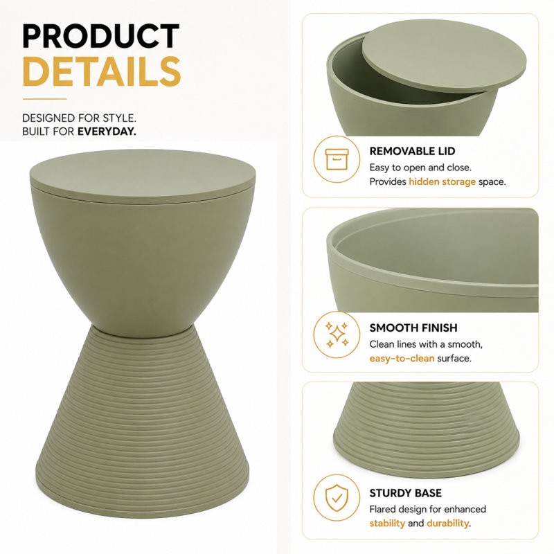 Durant Modern Hourglass Drum End Table with Removable Storage Lid, Indoor Outdoor Side Table & Small Patio Stool, No Assembly Lightweight Accent Table