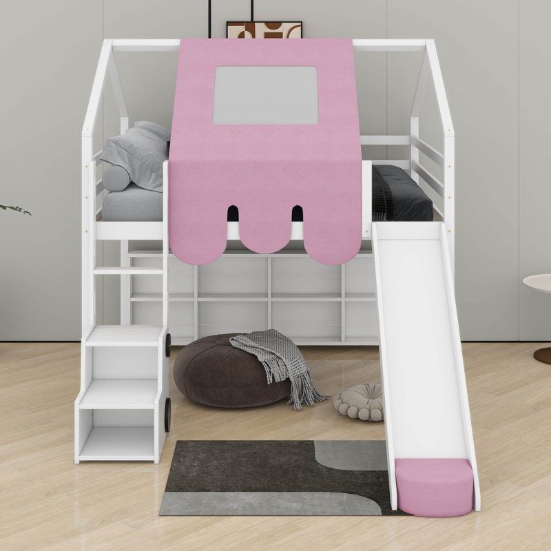 Lit mezzanine double en bois en forme de maison avec tente, Blanc / Rose