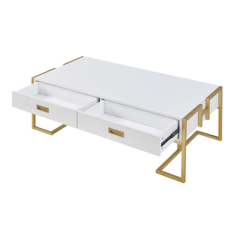 Table basse moderne moderne avec 4 tiroirs et base dorée, ajoutant luxe et fonctionnalité aux espaces contemporains, Blanc