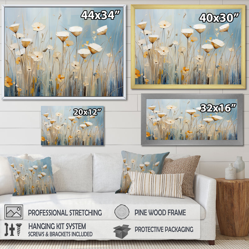 «Beige Minimalisme Wildflowers Breeze» sur toile, Cadre flottant noir, H 12 po x l 20 po x P 1 po