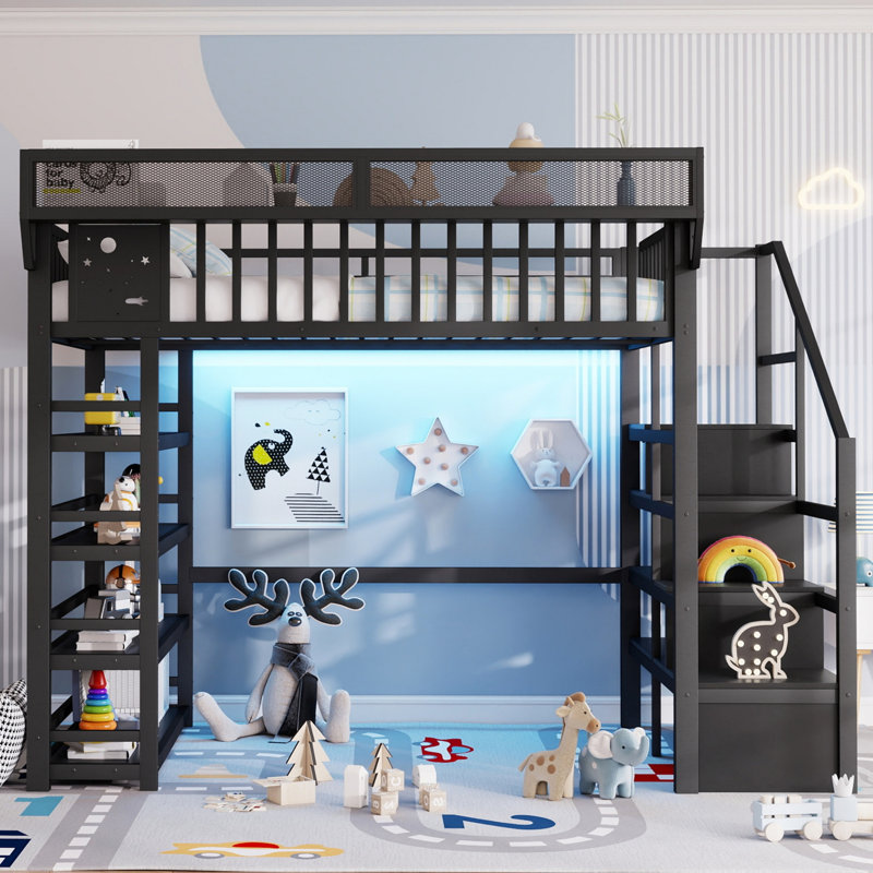 Lit mezzanine double en métal avec escalier de rangement, 4 tablettes, lumières DEL RVB et station de charge USB, Noir