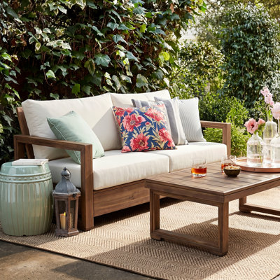 Akono Outdoor 3-Seater Acacia Wood Conversation Set With Water-Repellent Cushions & Slatted Tabletop