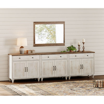 Meuble d'appoint Corretta de style ferme avec tiroir et portes, blanc rustique, ensemble de 3 pièces