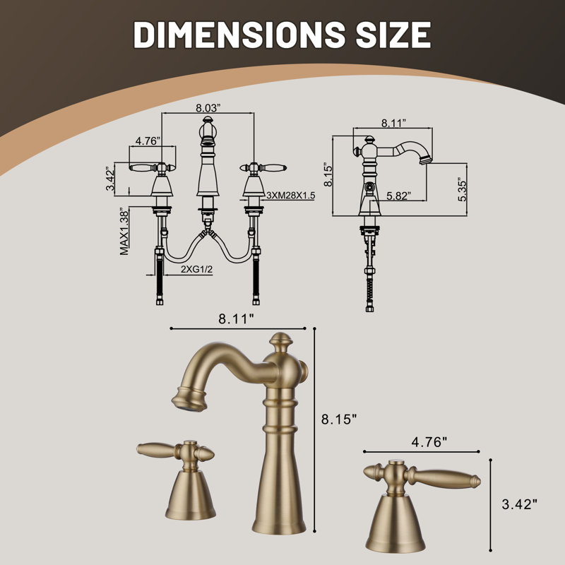 8.15" Antique Brass Widespread Bathroom Sink Faucet,Two Handle Three Hole Brass Lavatory Vanity Faucet,  Brushed Gold