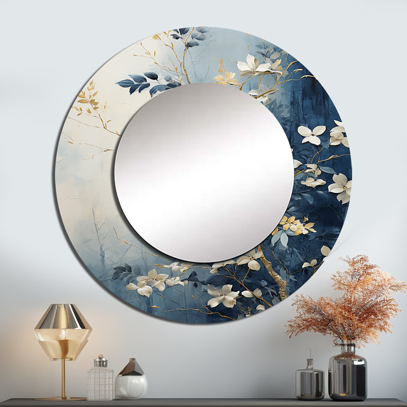 Abstrait doré et bleu botanique - miroir mural jungle, miroir décoratif rond doré, impression d'art en métal, 36 po x 36 po