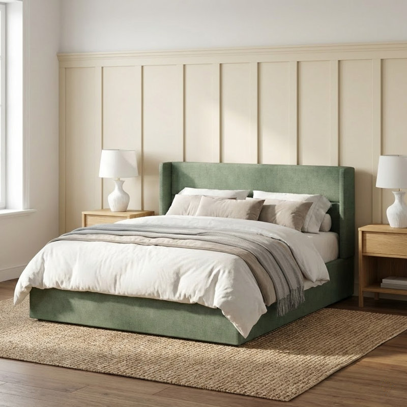 Lit plateforme tapissier avec rangement Gaillarde, Double, Vert forêt