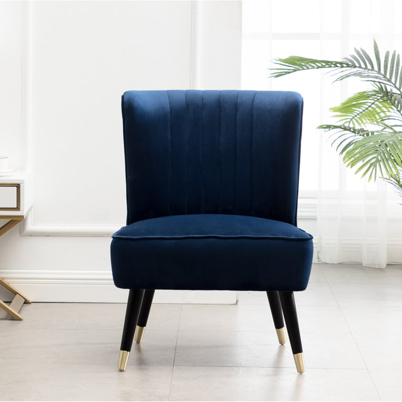 Fauteuil d'appoint bleu - Siège et dossier en mousse dense avec revêtement en velours et côtés courbés avec coutures en bois d'hévéa noir Galvanoplastie dorée l 24 po x P 33 po H Assemblage requis Tissu de rembourrage rembourré