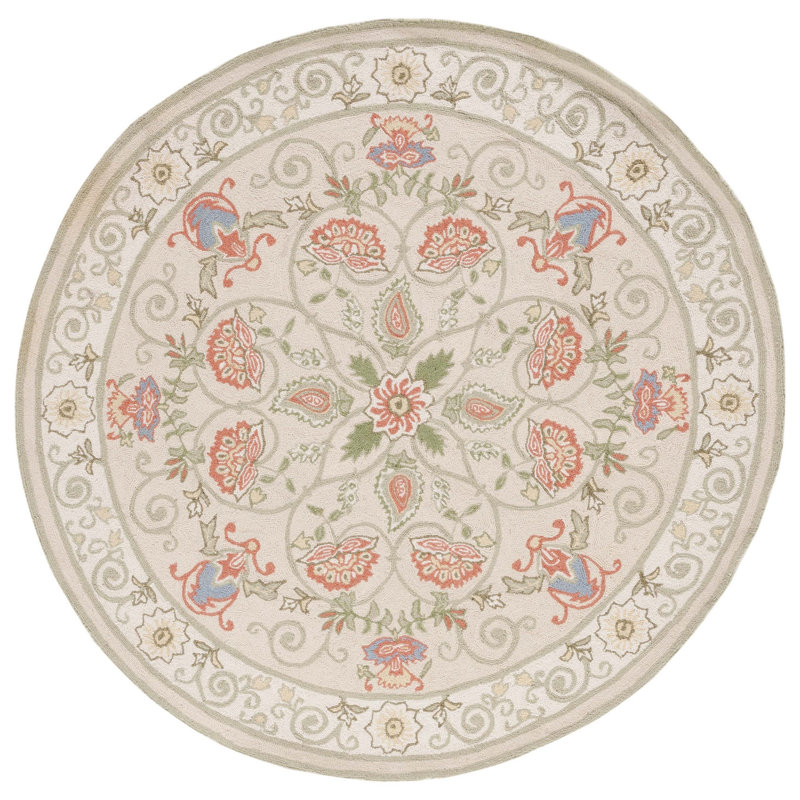 Hollander Floral Hand-Hooked Wool Beige/Green Area Rug, Round 5'6"