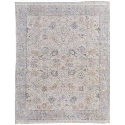 Tapis transitionnel floral et botanique, ivoire / brun clair / bleu Ramey