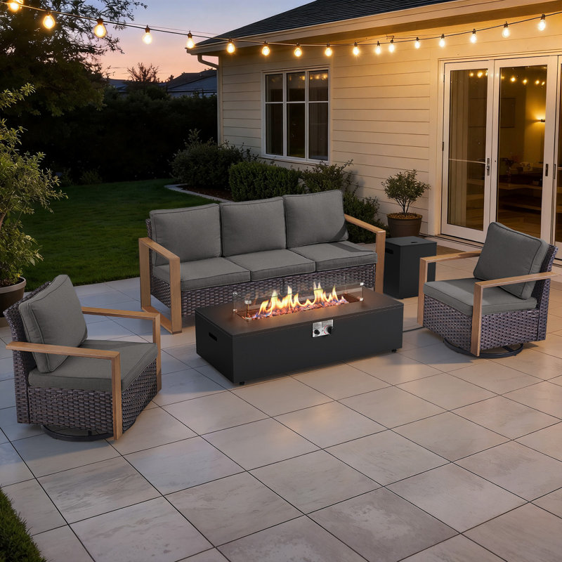 Drazen 5 - Person Patio Furniture Set With Fire Pit Table, All-Weather Wicker Outdoor Conversation Set With Chair And Thick Cushions