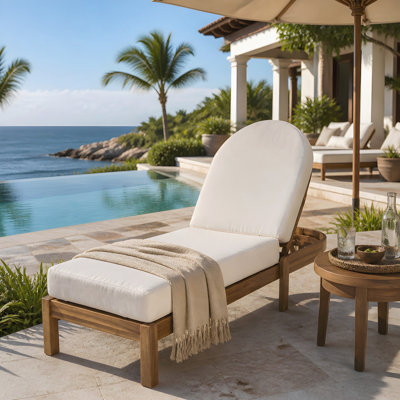 Patio Acacia Wood Chaise Lounge Chair with Adjustable Backrest, Teak Finish Outdoor Reclining Chaise Lounger with Beige Cushion, Single Lounge Chair f