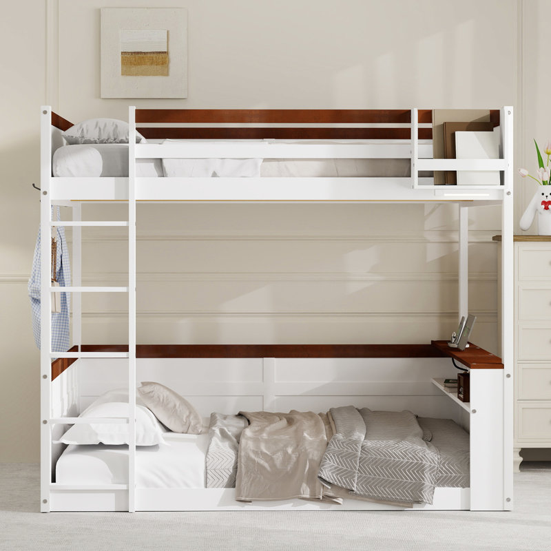 Queen Size White Wooden Bunk Bed With Built - In Storage Shelves, Box, Led , Charging Station, And Clothes Hooks For Bedroom Comfort Productivity Charging, A Multi Functional Practical Solution