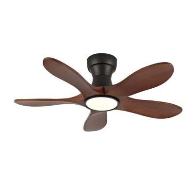 36 Inch Flush Mount Ceiling Fan with Light & Wall‑Mount Remote, 5‑Blade Curved Solid Wood Low Profile Ceiling Fan, 3‑Color Memory Dimmable LED, DC Reversible Quiet Ceiling Fan for Bedroom Farmhouse