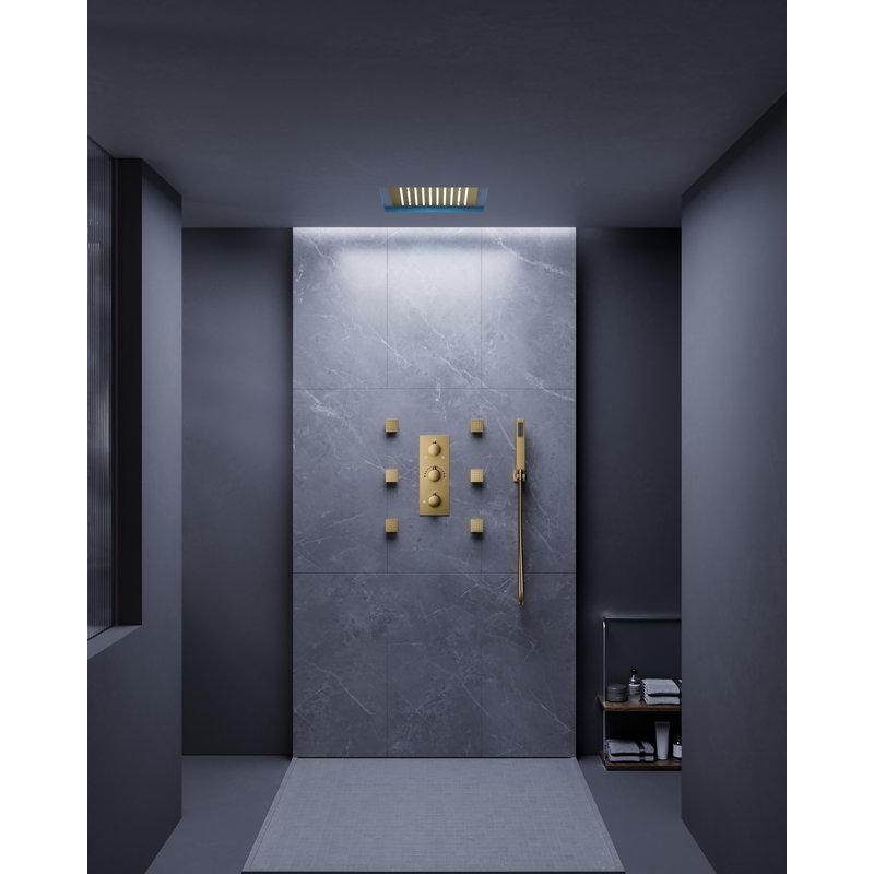 Système de douche thermostatique à pluie, pomme de douche DEL 12 po avec douchette au plafond, ensemble de 6 jets corporels