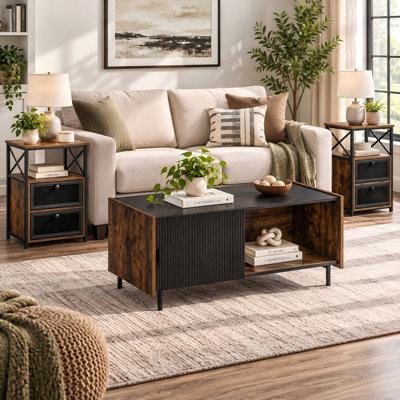 3-Piece Living Room Table Set, Industrial Coffee Table with Fluted Door and Open Shelf, 2 End Tables with Open Shelf and 2 Mesh Drawers, Rustic Modern Center Accent Table Set for Sitting Room