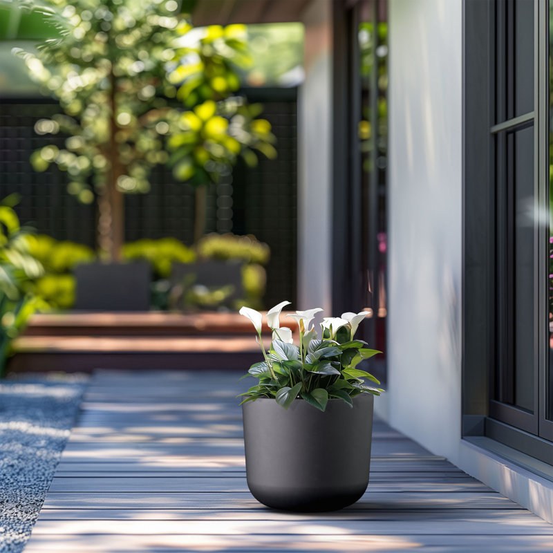 Small Concrete Round Planter / Pot With Drainage Holes, 11.22" H x 13.19" W x 13.19" D, Charcoal Black