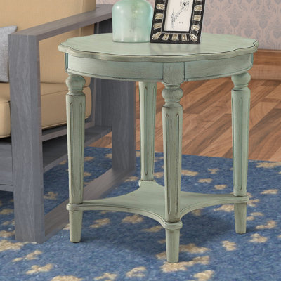Table de bout en bois Fordon, plateau rond festonné, finition blanc antique français