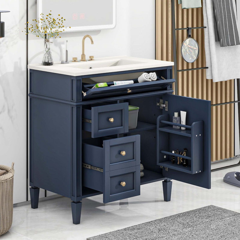 Meuble-lavabo de 30 po avec lavabo supérieur, Bleu, Doré