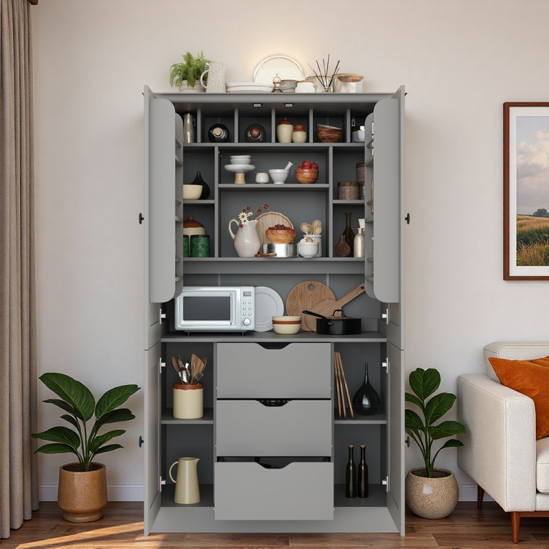 Armoire de cuisine autoportante avec 4 portes, 3 tiroirs, 6 tablettes de porte, tablettes amovibles et 6 porte-bouteilles