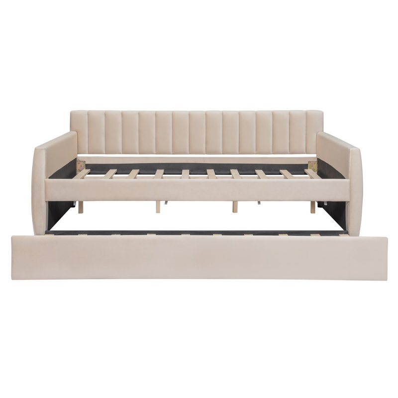 Full Size Upholstered Daybed with Pull-Out Trundle & Wooden Slat Support – Velvet Sofa Bed, Beige, Beige