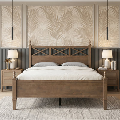 Queen Size Platform Bed Frame, Solid Wood with Headboard & Footboard, Center Metal Legs, 12 Strong Slatted Base, Anti-Noise & Slip-Free, Easy Assembly, No Box Spring Needed, Barnwood Finish