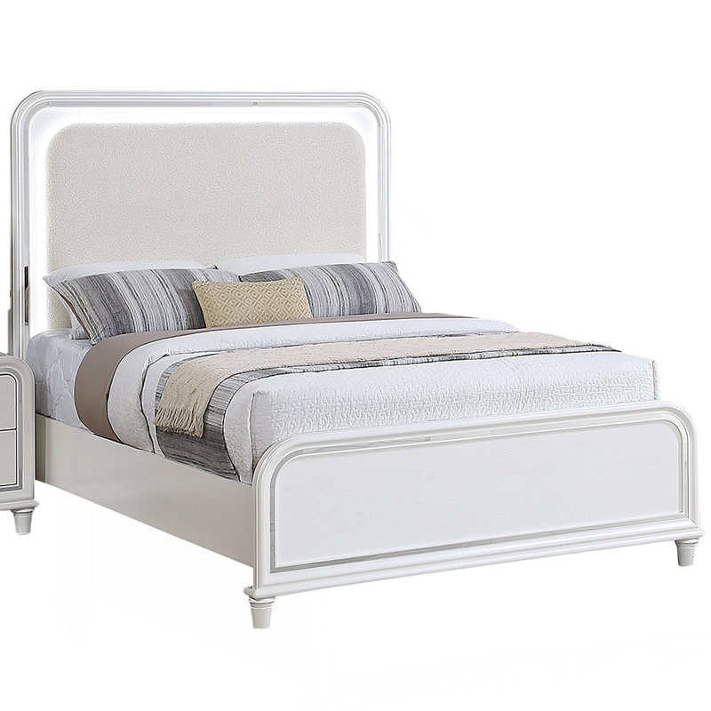 Bedroom Eastern King Size Bed 3pc Set 2x Nightstands Pearl White LED Lights Furniture Textured Panel HB FB Wood