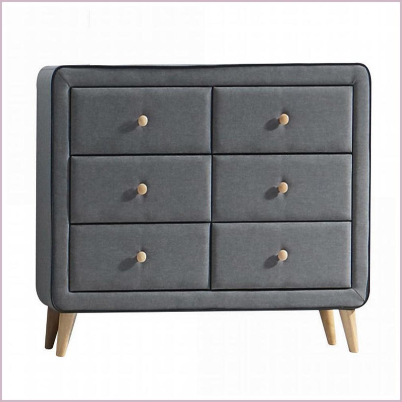 Commode double 6 tiroirs Mid-Century | Gris clair | Bois et tissu