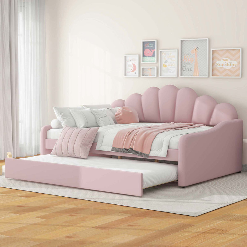 Upholstery Daybed Frame with Shall Shaped Backrest and Trundle Guest Bed, Pink, Queen