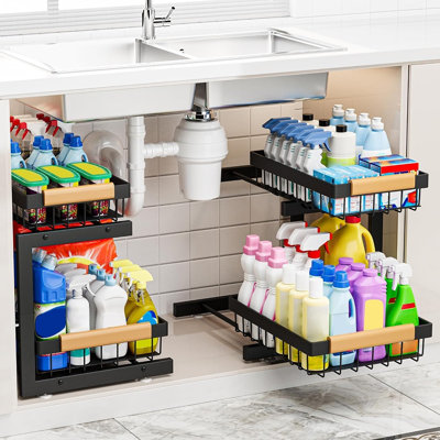 2-Pack 2-Tier Pull-Out Under Sink Organizer, Extra-Large L-Shaped Metal Storage Rack with Sliding Baskets for Kitchen & Bathroom Cabinets, Black