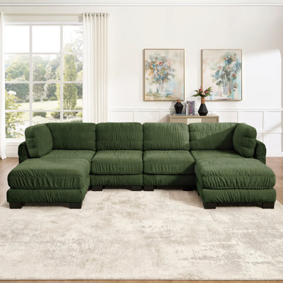 Canapé modulaire en chenille à 4 sièges avec détails ruisselés, 2 repose-pieds amovibles, mousse à haute densité, coussins de dossier en forme de L, assemblage facile, pour le salon, la chambre à coucher