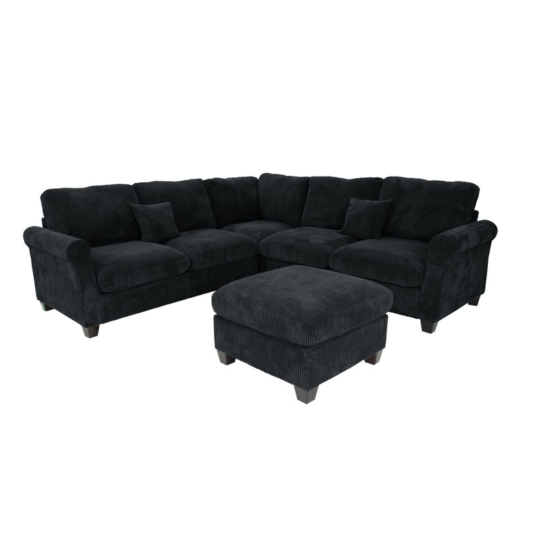 4Pc Sectional Set Matching Pillow Cocktail Ottoman Corner Wedge Right And Left Arm Loveseat Corduroy Upholstered Primary Living Room