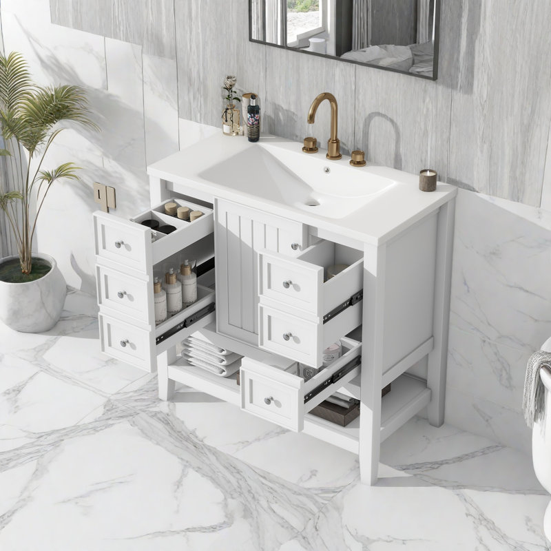 Ensemble de meuble-lavabo 36 po avec lavabo, une armoire et trois tiroirs, Blanc