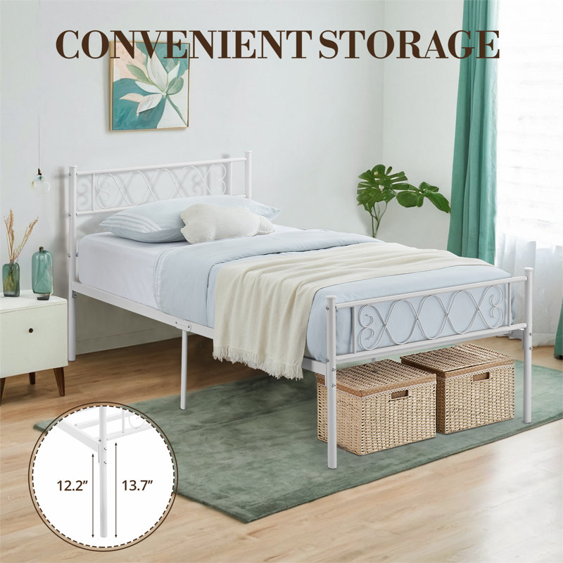 Twin Heavy Duty Metal Bed Frame with Headboard & Footboard, Steel Slats Support, Noise-Free with Underbed Storage, Easy Assembly, 800 lbs Capacity, No Box Spring Needed - White