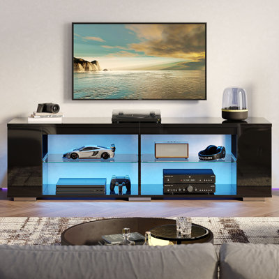 71" High-Glossy TV Stand For TVs Up to 80" Modern TV Console with LED Lights and 4 Open Shelves