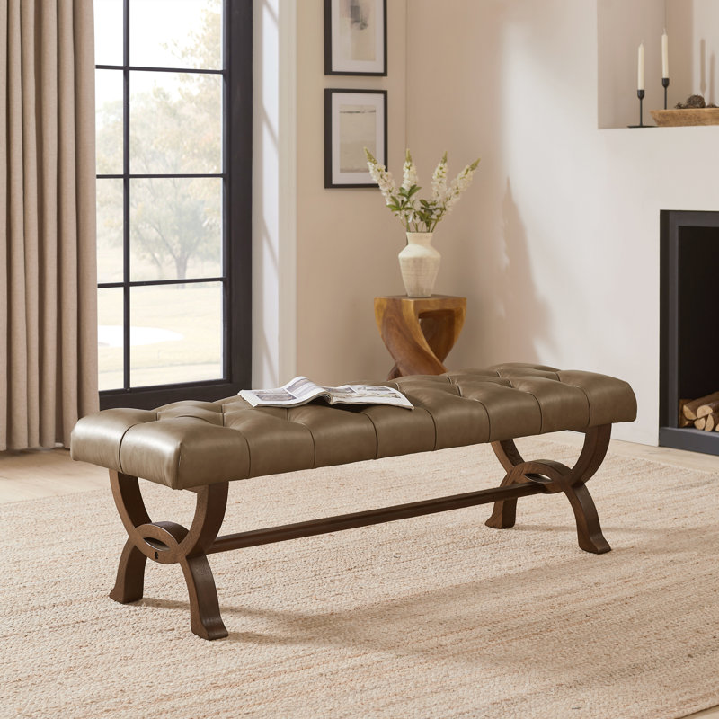 Herman 59.45 " W Tufted Full Grain Leather Upholstered Bench with Solid Ash Wood Frame, Brown