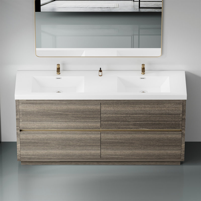 Meuble-lavabo autoportant 72 po avec lavabos doubles 72 po, Bois de frêne gris