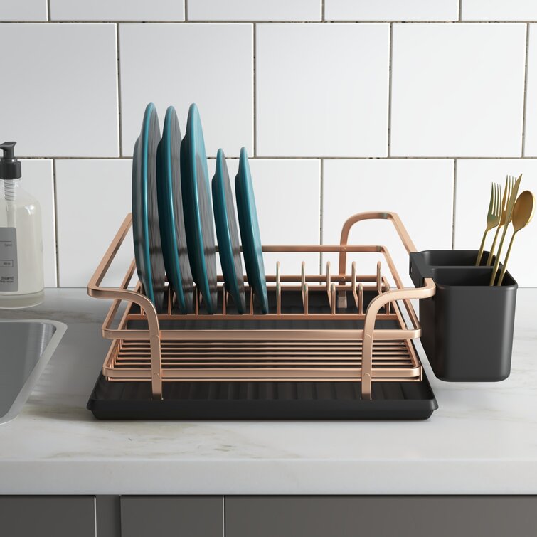 Haitral Aluminum Dish Drying Rack, Compact Dish Rack with Cutlery Holder, Removable Rose