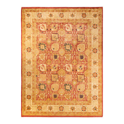 Tapis orange / rose / ivoire en laine noué à la main de conception unique 9 pi 1 po x 12 po années 1990 Tolley