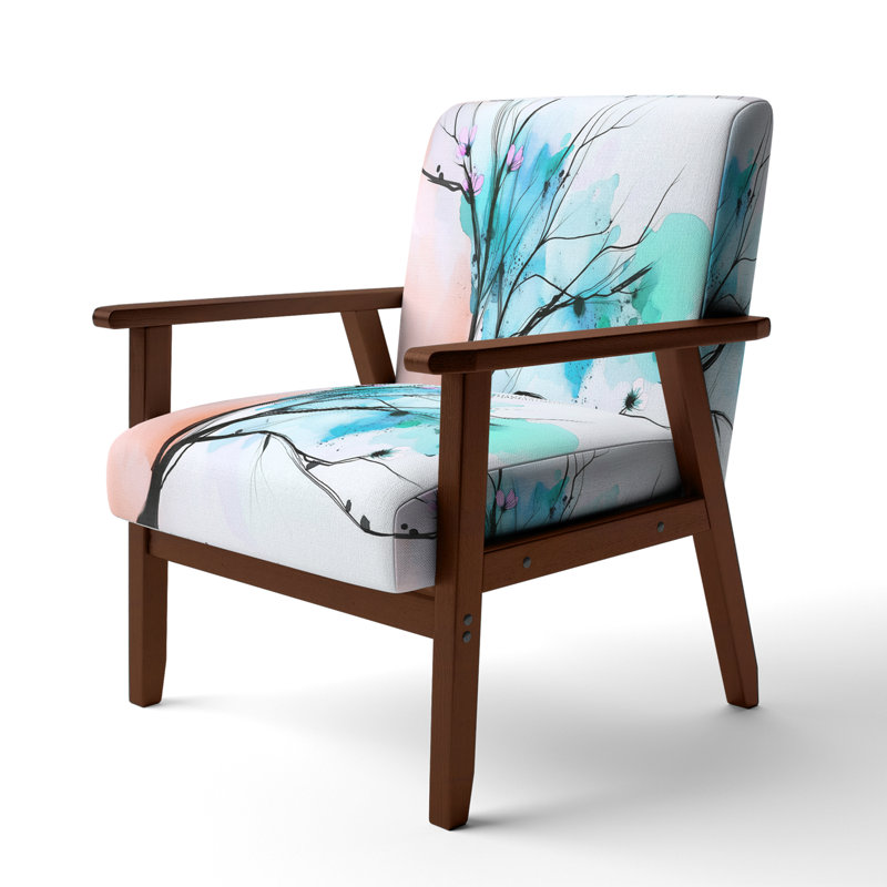 Geidel - Abstract Flowers - Upholstered Traditional Accent Arm Chair, Blue Polyester, Brown Square Arms