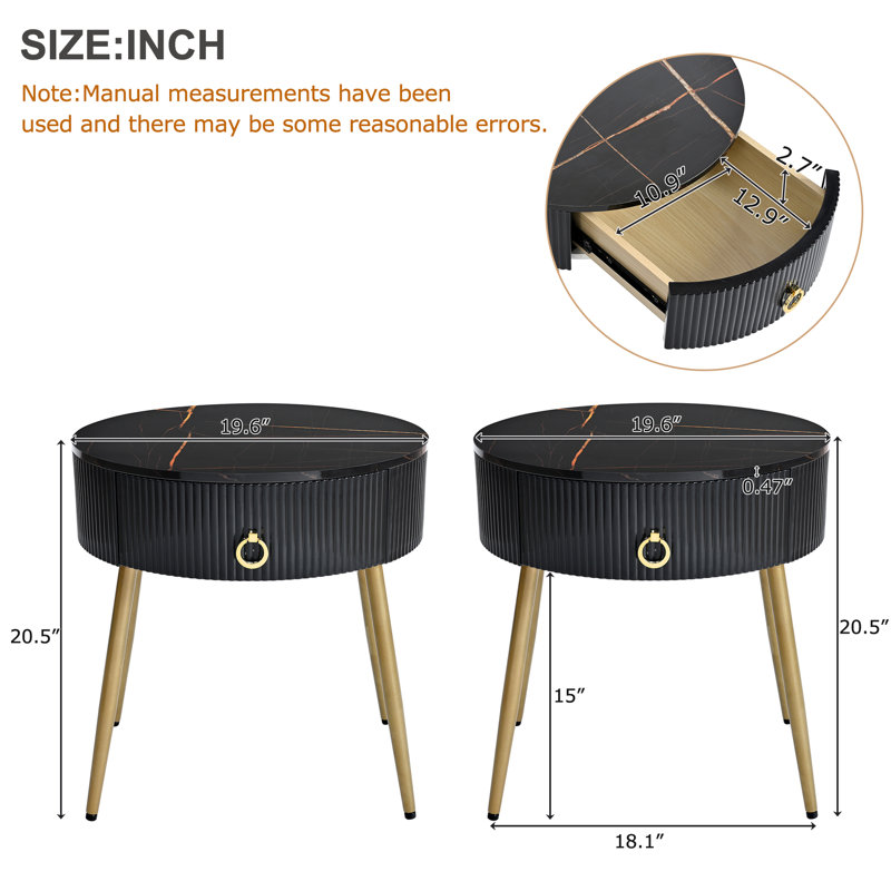 Easy Assembly End Tables with High Gloss Faux Marble Tabletops, Set of 2, Modern Fluted 2 Side Tables with Drawers, Round Coffee Tables with Golden Legs for Living Room