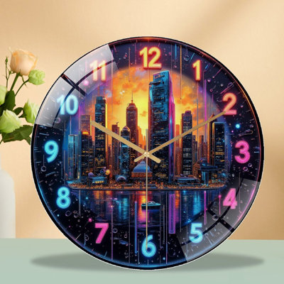 LED Modern Wall Clock with City Skyline Design Art - 12'' Modern Glass Wall Clock