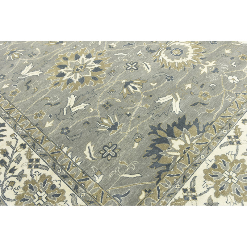 Floral Handmade Hand-Knotted Rectangle 11'10" x 14'10" Wool Area Rug in Cream