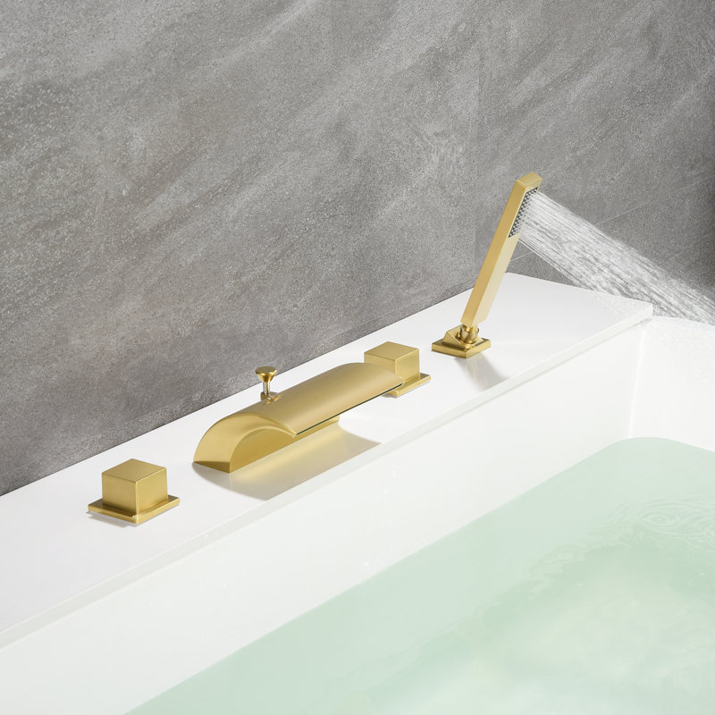 Brushed Gold Waterfall Roman Tub Faucet with Hand Shower
