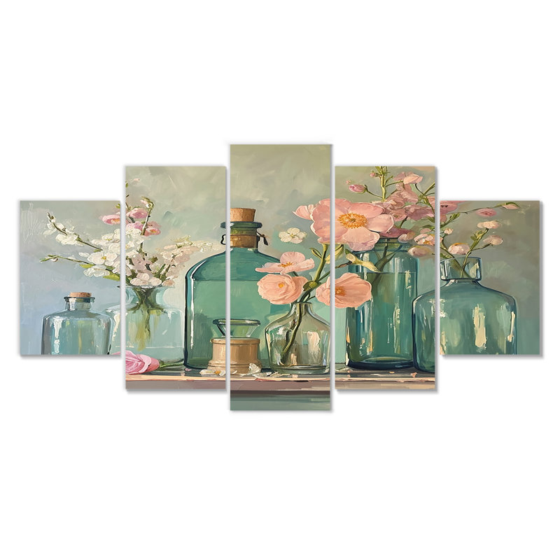 Nature morte, anémones roses en verre - Bouquets assortis, art mural sur toile, 5 pièces