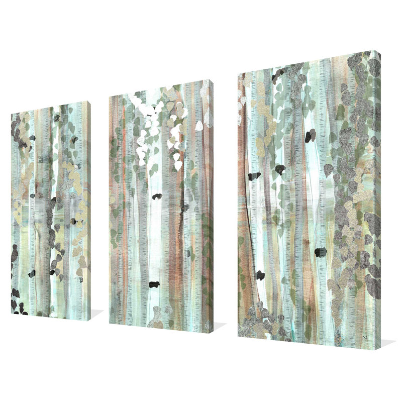 Spring Birch Meadow - Ensemble de 3 peintures sur toile tendue, H 32 po x l 48 po x P 0,75 po