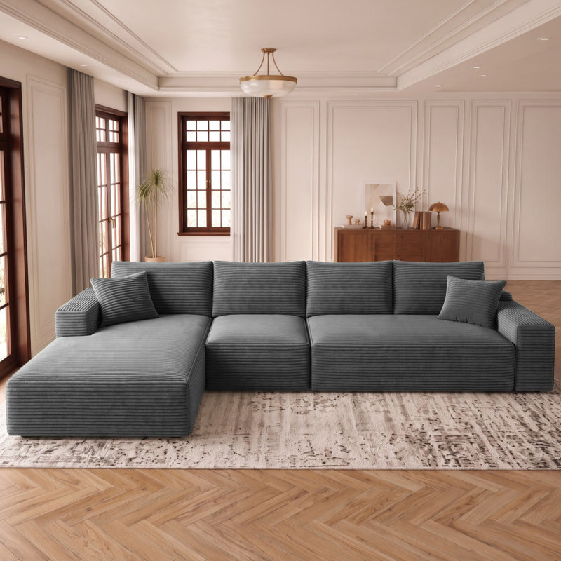 Canapé modulaire 135,4 po pour salon modulaire en L en velours côtelé rembourré à compression, Velours côtelé gris