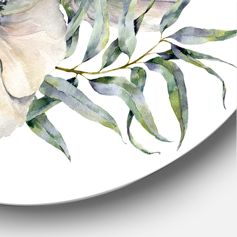 Bouquet d'anémones blanches avec feuilles d'eucalyptus - Cercle traditionnel en métal, H 29 po x l 29 po x P 1 po
