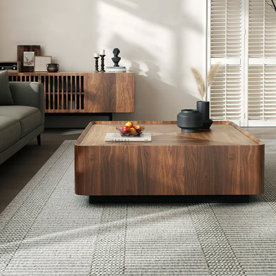 39.4" Square Walnut Veneer Coffee Table with 2 Storage Drawers – Modern Minimalist Design for Living Room or Home Office