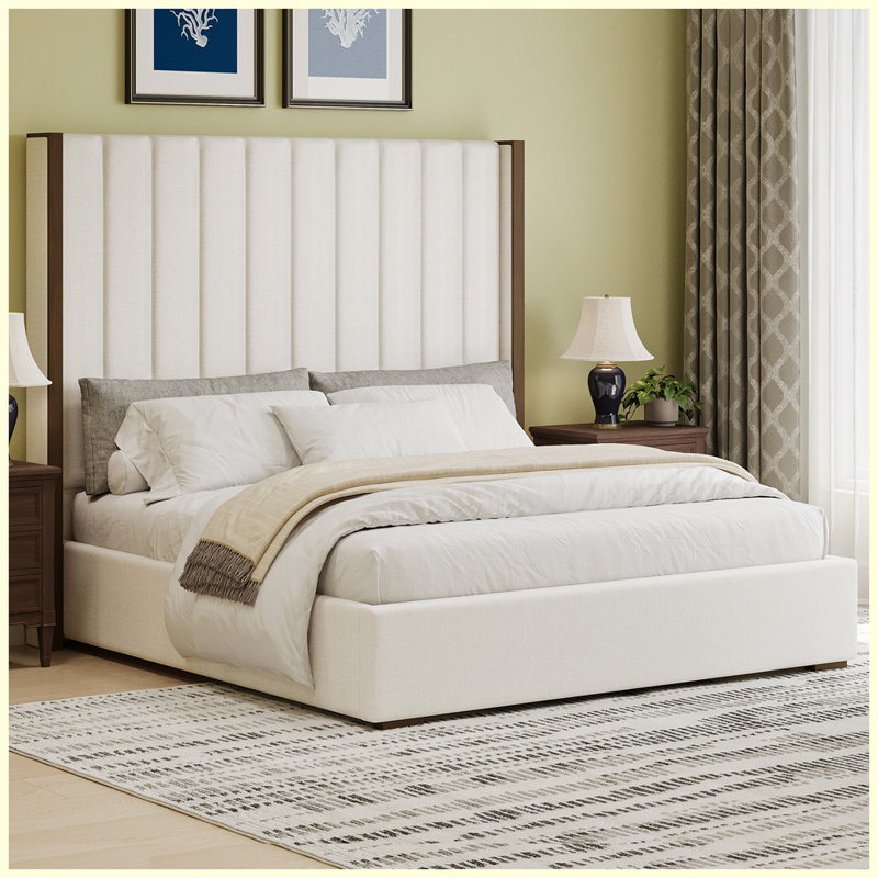67.5" Tall Headboard Upholstered Bed with Vertical Striped and Wingback Design, King